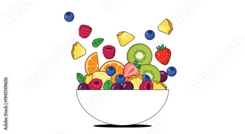 Fresh Fruit Salad Bowl with Assorted Berries and Tropical Slices Illustration
