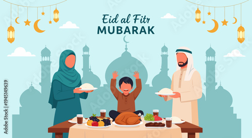 Happy Eid al-Fitr Mubarak vector illustration of a Muslim family celebrating with food and festive decorations, depicting joy and togetherness