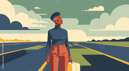 A vector illustration depicting a woman with luggage on an open road, symbolizing travel and adventure