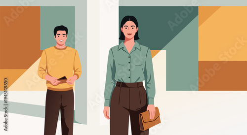 Vector illustration of a man and a woman in a modern, abstract setting, showcasing contemporary professional attire and a minimalist aesthetic