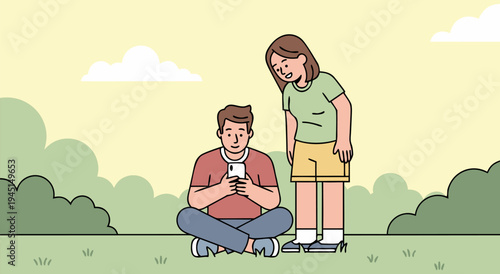 Vector illustration of a young couple spending time together outdoors, enjoying a peaceful day in the park, a modern and minimalist style