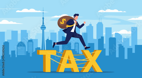 Vector illustration of a businessman running with a money bag over the word TAX on a city skyline background