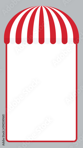 Red and white striped shop awning vertical frame background. Flat design illustration.