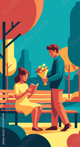 A vector illustration of a romantic moment in a park a man giving flowers to a woman reading a book on a bench, surrounded by trees and vibrant colors