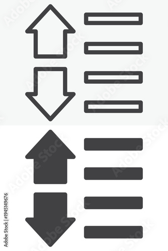 Sort up and down arrows icon different style icon set. Line outline and solid icon version. Editable stroke vector sign symbol for sorting and ordering list.