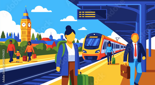A vibrant vector illustration of a busy train station scene with travelers and a modern train ready to depart, capturing the essence of modern travel