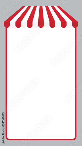 Red and white striped shop awning vertical frame background. Flat design illustration.