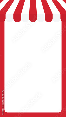 Red and white striped shop awning vertical frame background. Flat design illustration.