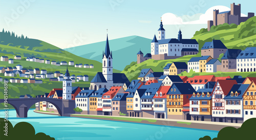 charming european town vector illustration with historic buildings and a river landscape