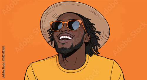 A man with sunglasses and dreadlocks smiles widely while wearing a yellow shirt and straw hat in a summer scene.