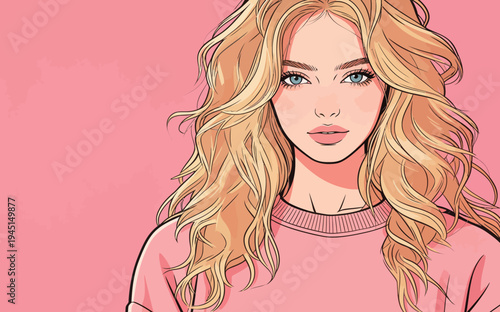 A woman stands with long blonde hair and a light expression on a pink background. She looks directly at the viewer.