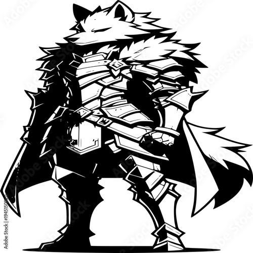 Wolf Knight in Armor: A stylized monochrome illustration depicts a majestic wolf clad in intricate medieval armor, emanating strength and valor.
