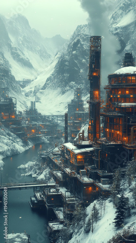 Create a brushed steel depiction of a factory