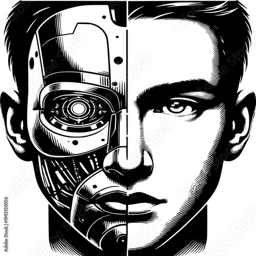 Half Human Half Robot: A stark monochrome illustration of a man's face bisected, one half rendered in a realistic portrait style, the other revealing a detailed robotic structure.