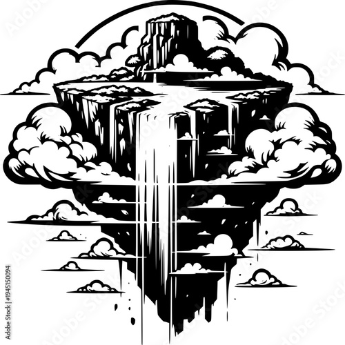 Fantasy Island: An illustration depicting a surreal floating island with a cascading waterfall, creating a dreamlike landscape. 