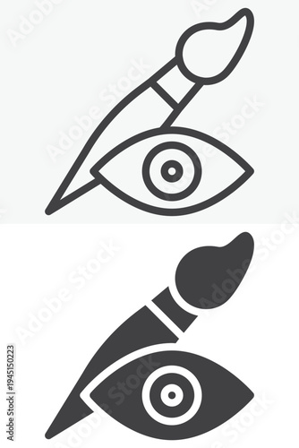 Paint brush and eye visibility icon different style icon set. Line outline and solid icon version. Editable stroke vector sign symbol for brush preview or view.