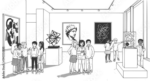 School students viewing diverse artwork in a gallery exhibition
