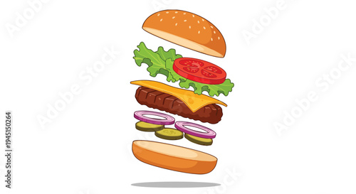 Exploded View of a Delicious Beef Burger with Fresh Ingredients