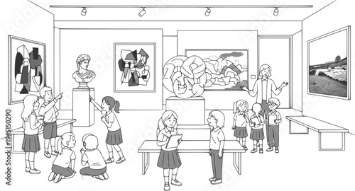 School students viewing diverse artwork in a gallery exhibition
