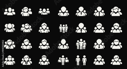 Collection of diverse people icons on black.
