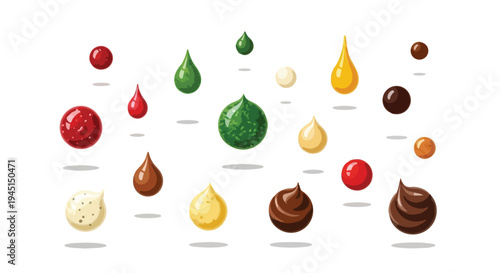 Set of Colorful Chocolate Drops and Creamy Ganache Swirls Isolated on White