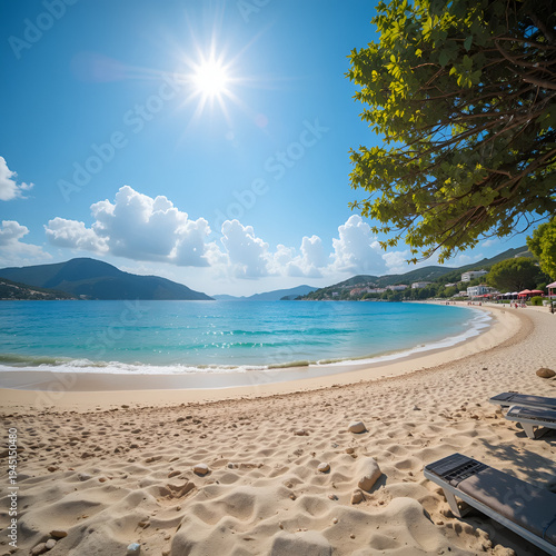 Petani Beach (Kefalonia, Greece). Summer sunshiny coast panorama with blue cloudy sky. Two shots stitch image.