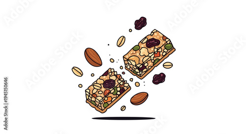 Hand Drawn Illustration of Healthy Granola Bars with Nuts and Dried Fruit