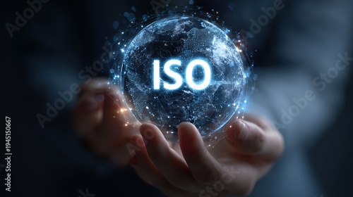 Concept of ISO Certification, quality management standards visualized with digital sphere