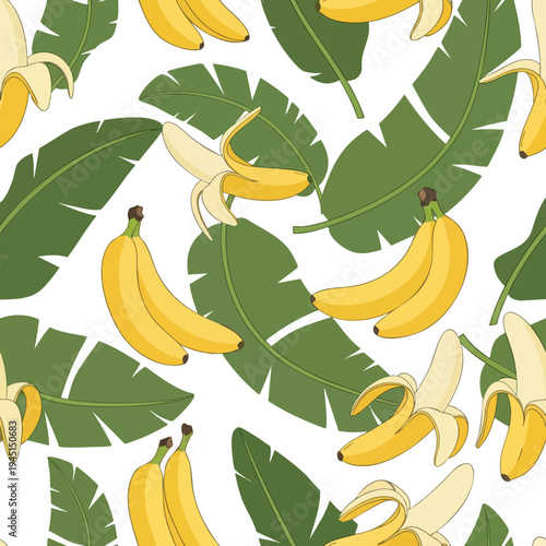 Tropical seamless pattern of yellow bananas and lush green leaves on a white background