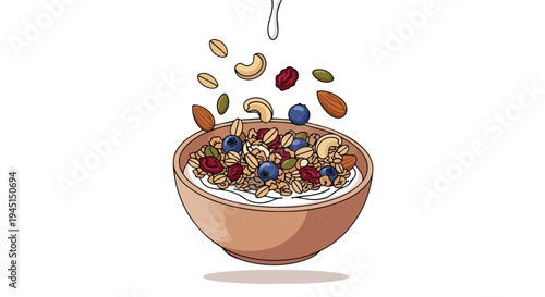 Healthy Breakfast Bowl with Granola, Nuts, Berries and Yogurt Illustration