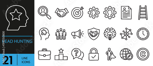 Headhunting and human resources line icons for recruitment and talent