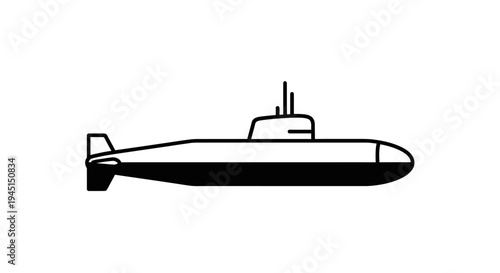 Black and white submarine illustration side view.
