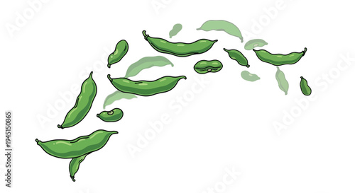 Flying Green Peas Pods Illustration on White Background