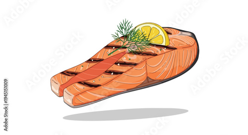 Grilled Salmon Steak with Lemon Slice and Dill Garnish Illustration