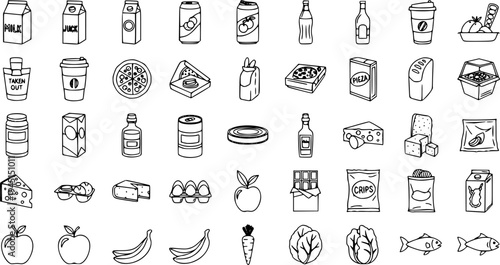 A comprehensive collection of line icons representing various food and drink packaging, grocery items, and meal containers