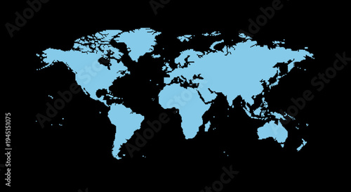 A blue world map on black background.
