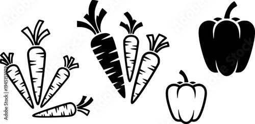 Group of stylized carrot icons and a pepper icon

