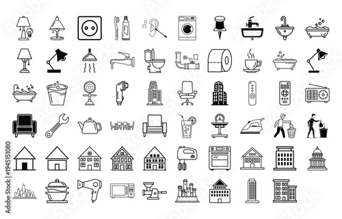 Icons representing household appliances furniture and building architecture