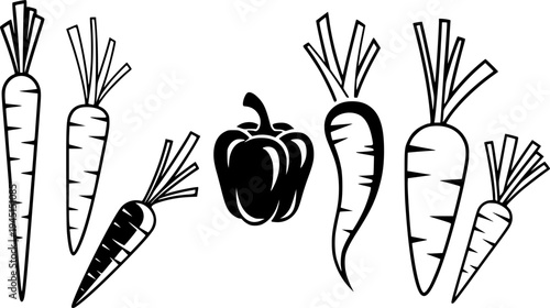 Group of stylized carrot icons and a pepper icon
