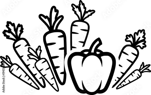 Group of stylized carrot icons and a pepper icon

