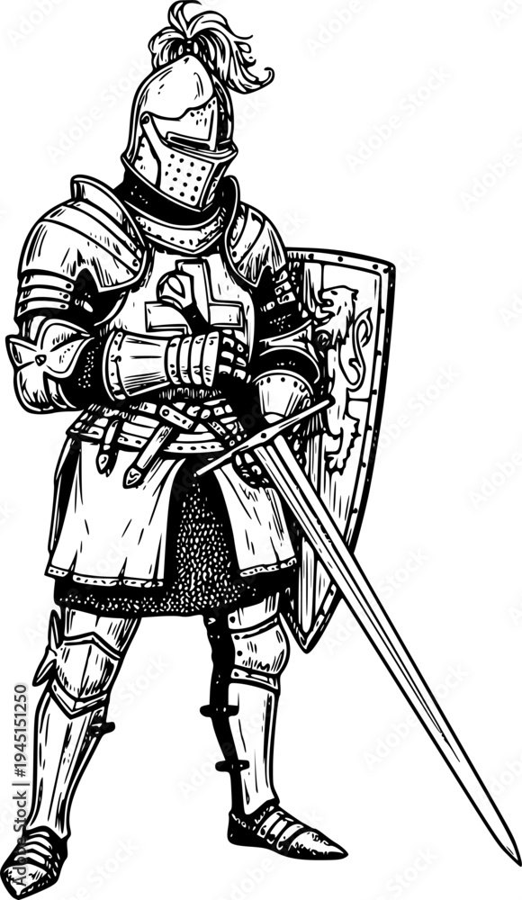 Fototapeta premium Sketch of a Medieval Knight in Full Armor with Sword. Vector hand drawn illustration 