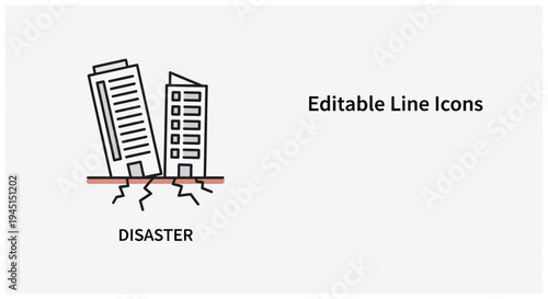Editable Line Icon of Building Collapse and Earthquake Disaster Concept, isolated white background