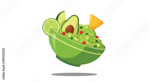 Fresh Guacamole in a Green Bowl with Tortilla Chip and Lime Slice