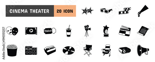 20 Cinema Theater Glyph Icon Illustration Set