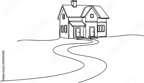 Hand drawn single line sketch of a charming home building with a connecting continuous path