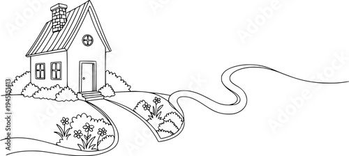 Hand drawn single line sketch of a charming home building with a connecting continuous path