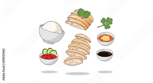 Hainanese Chicken Rice Dish Illustration with Sauces and Garnish