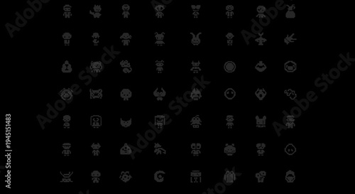 A collection of various gray icons on a black and white background.