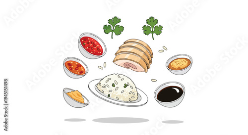 Hainanese Chicken Rice Dish Illustration with Sauces and Garnish