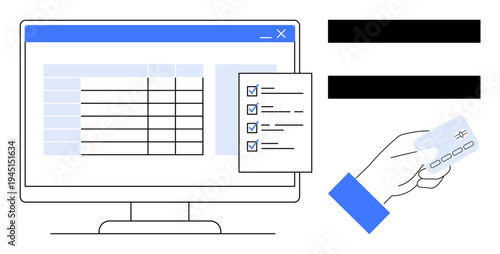 Computer monitor displaying online table and checklist, hand holding a credit card. Ideal for finance, e-commerce, data management, online banking, payment systems, digital transactions